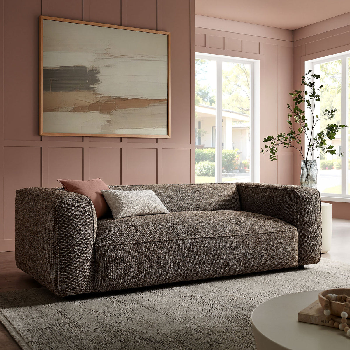 Auren 88 Inch Lattice Bouclé Upholstered Sofa