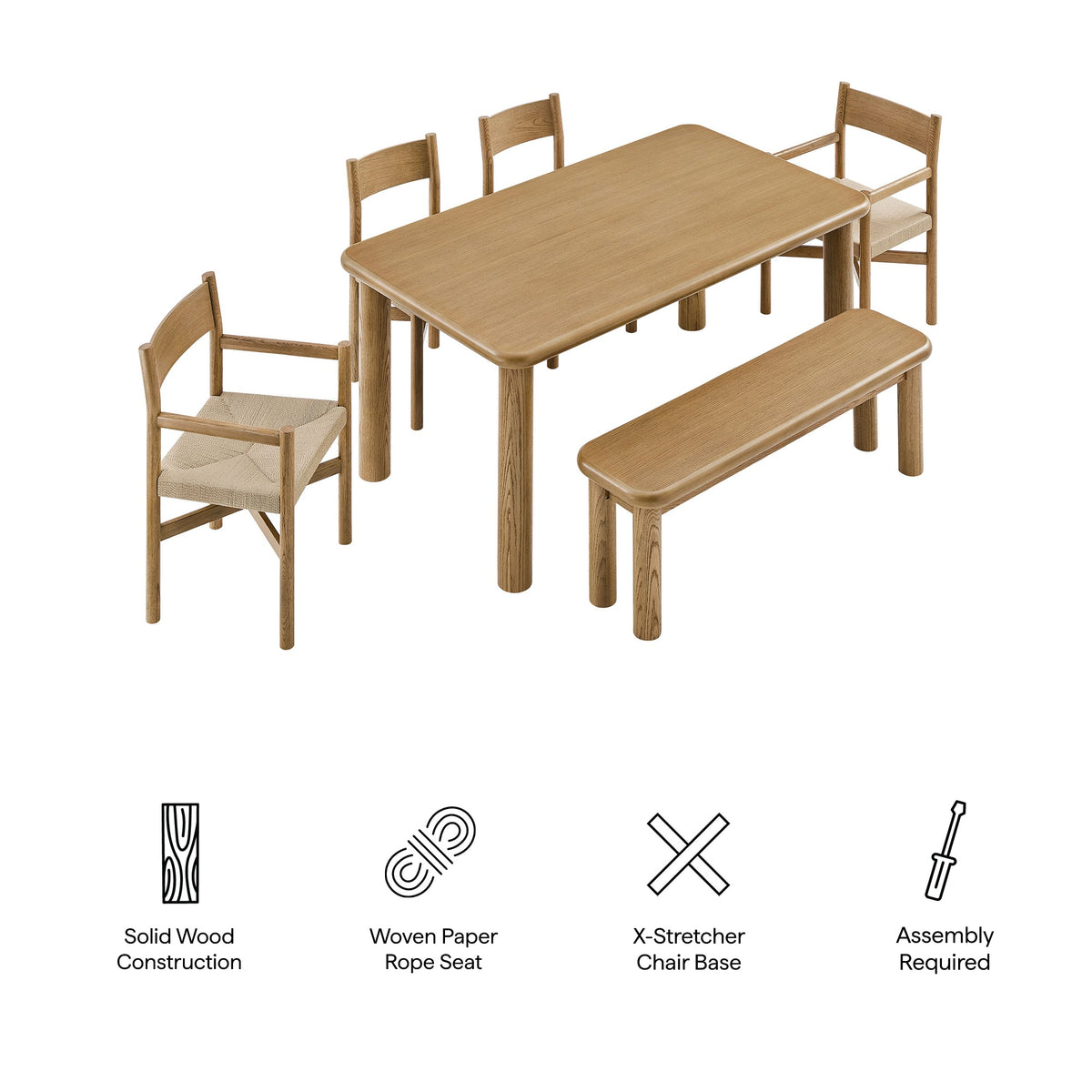 Alvia 6-Piece Oak Wood Dining Table and Seating Set