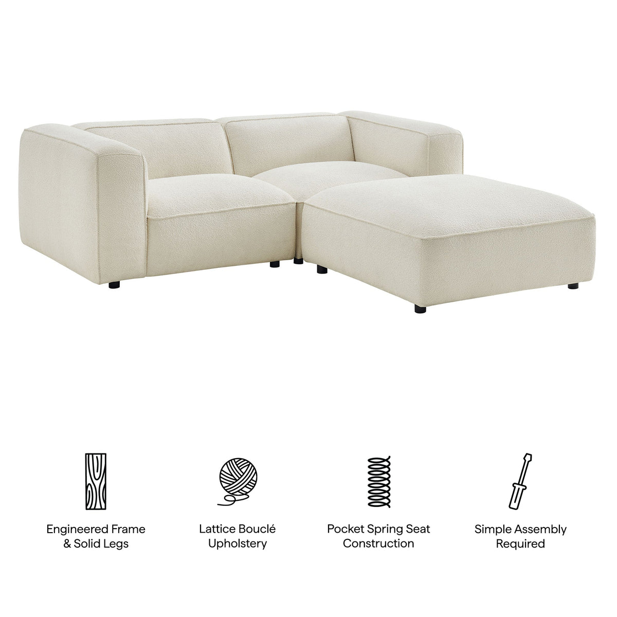 Auren 3 Piece Lattice Bouclé Upholstered Modular Loveseat with Ottoman