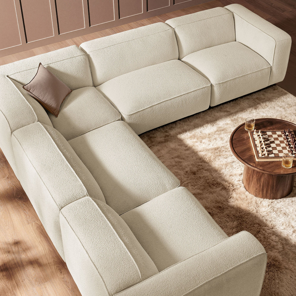 Auren 5 Piece Lattice Bouclé Upholstered Modular Corner Sectional, Cream - view 2