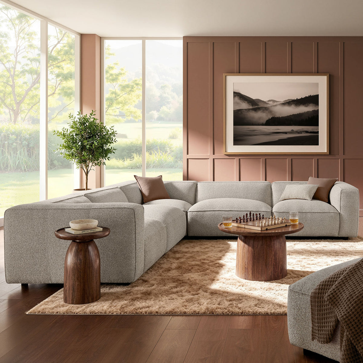 Auren 5 Piece Lattice Bouclé Upholstered Modular Corner Sectional, Fog - view 3