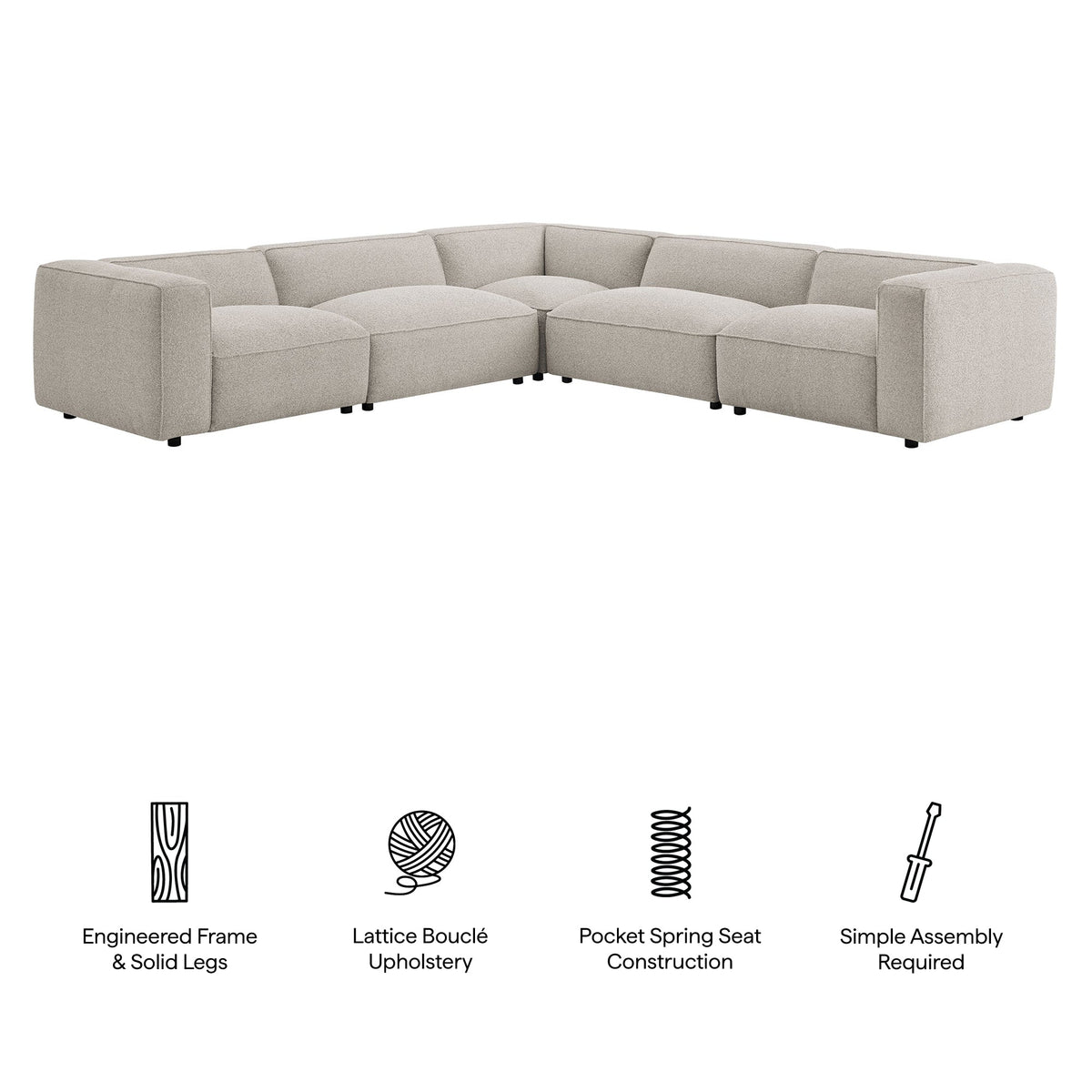 Auren 5 Piece Lattice Bouclé Upholstered Modular Corner Sectional, Fog - detail view