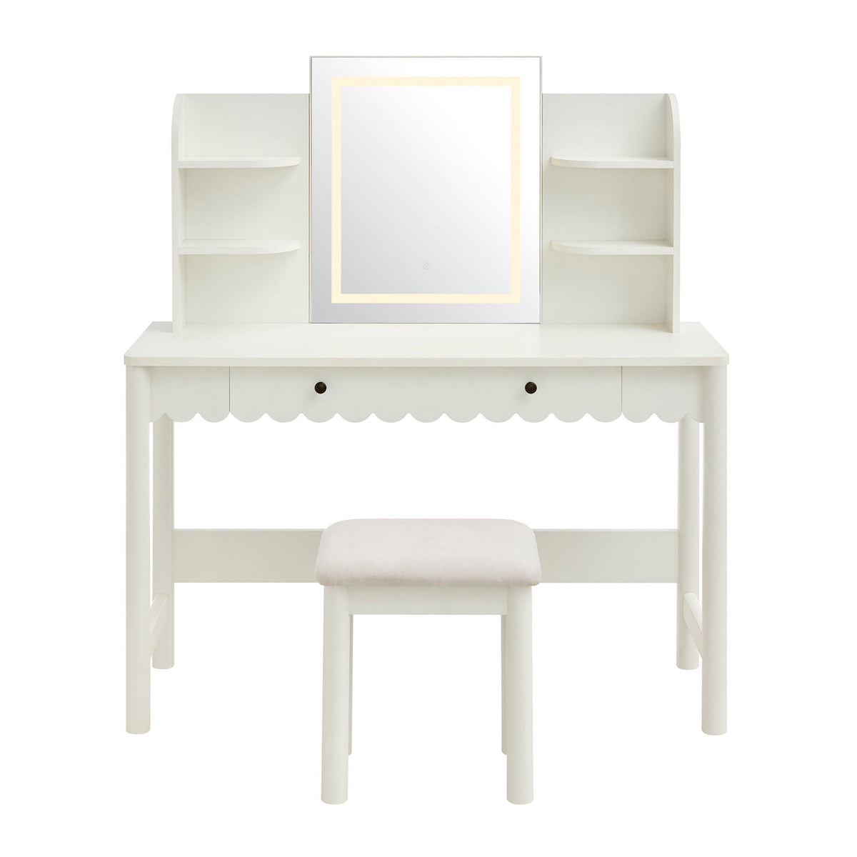 Emmeline Scalloped Makeup Vanity Desk With LED Mirror and Stool
