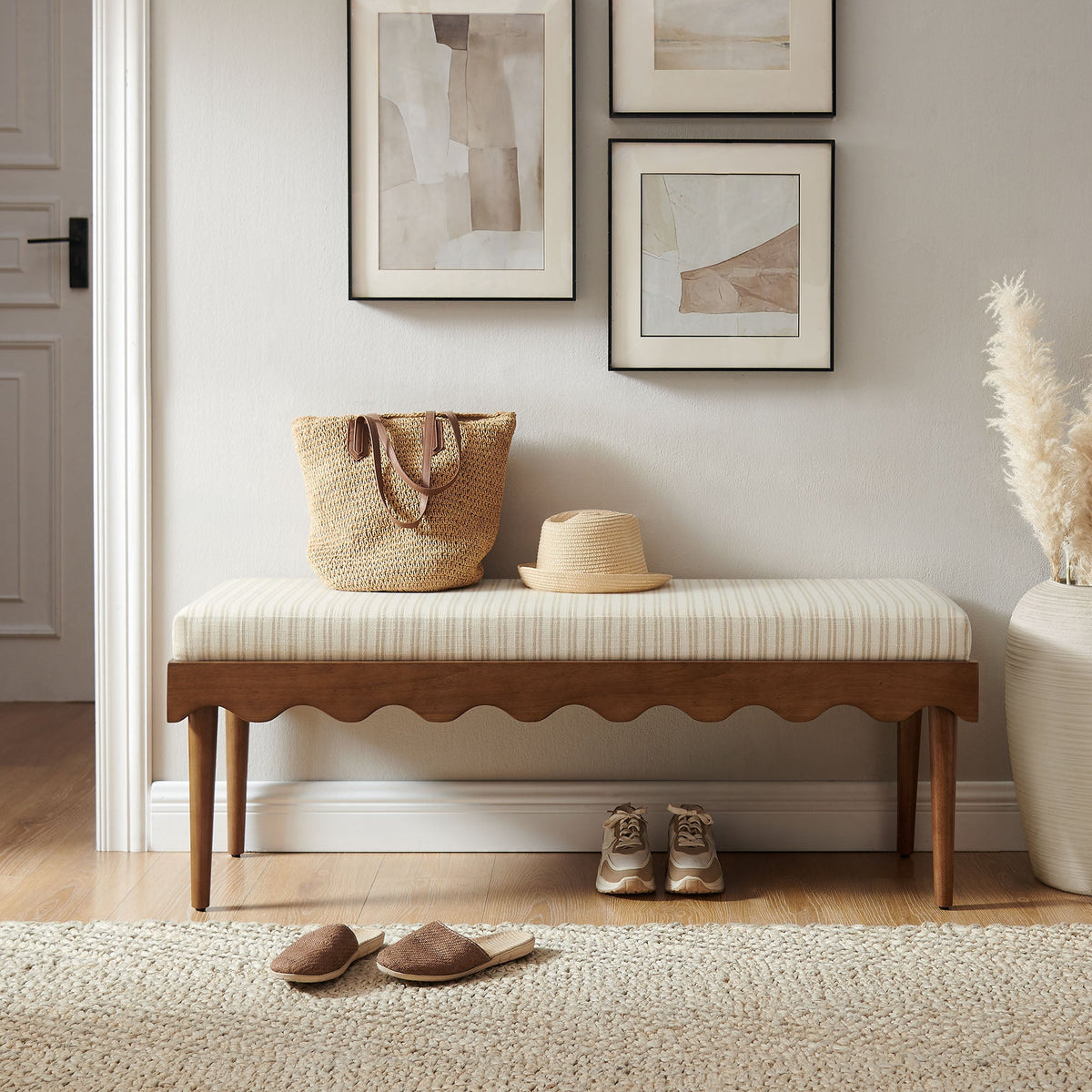 Mirette Scalloped Edge Striped Accent Bench