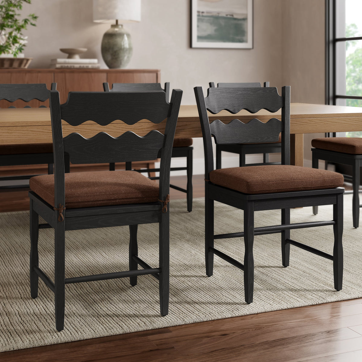 Jax Oak Wood Dining Chair With Wavy Razor Back and Cushion Set of 2