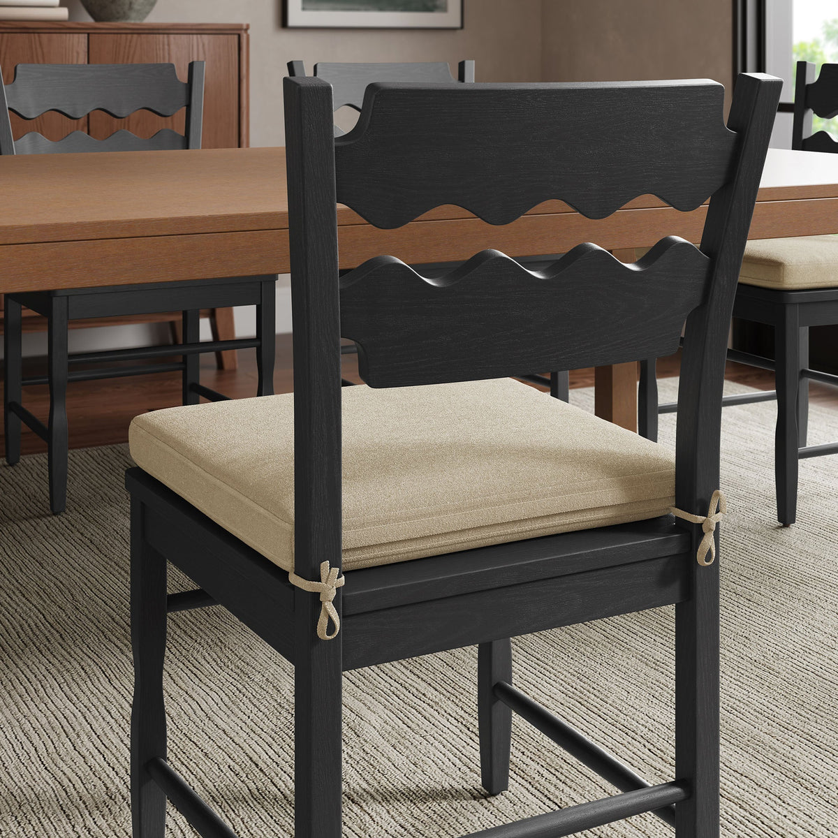 Jax Oak Wood Dining Chair With Wavy Razor Back and Cushion Set of 2