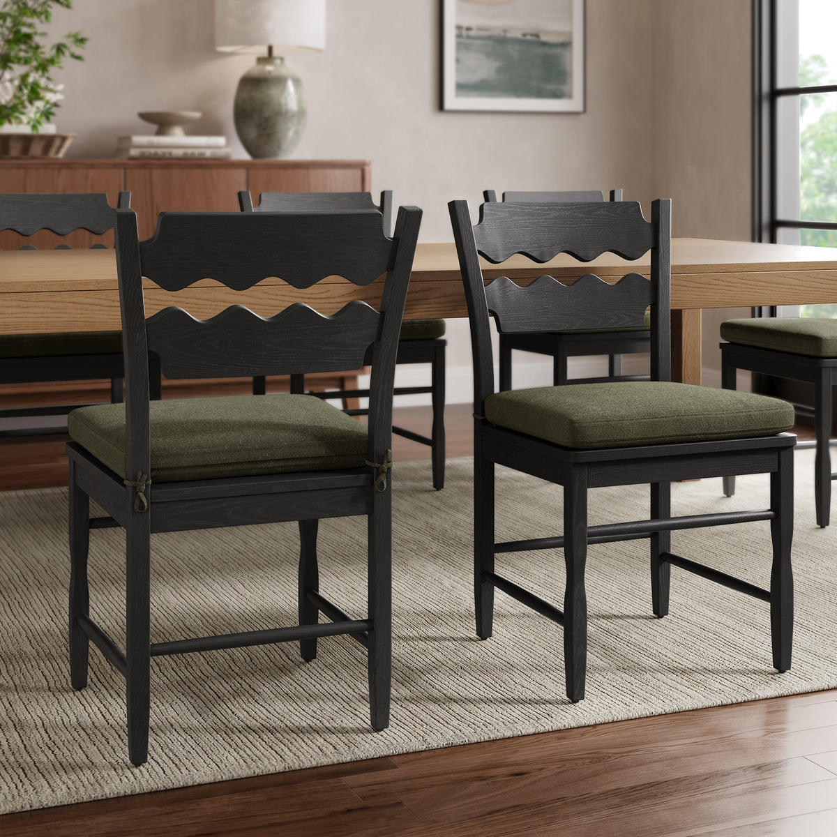 Jax Oak Wood Dining Chair With Wavy Razor Back and Cushion Set of 2