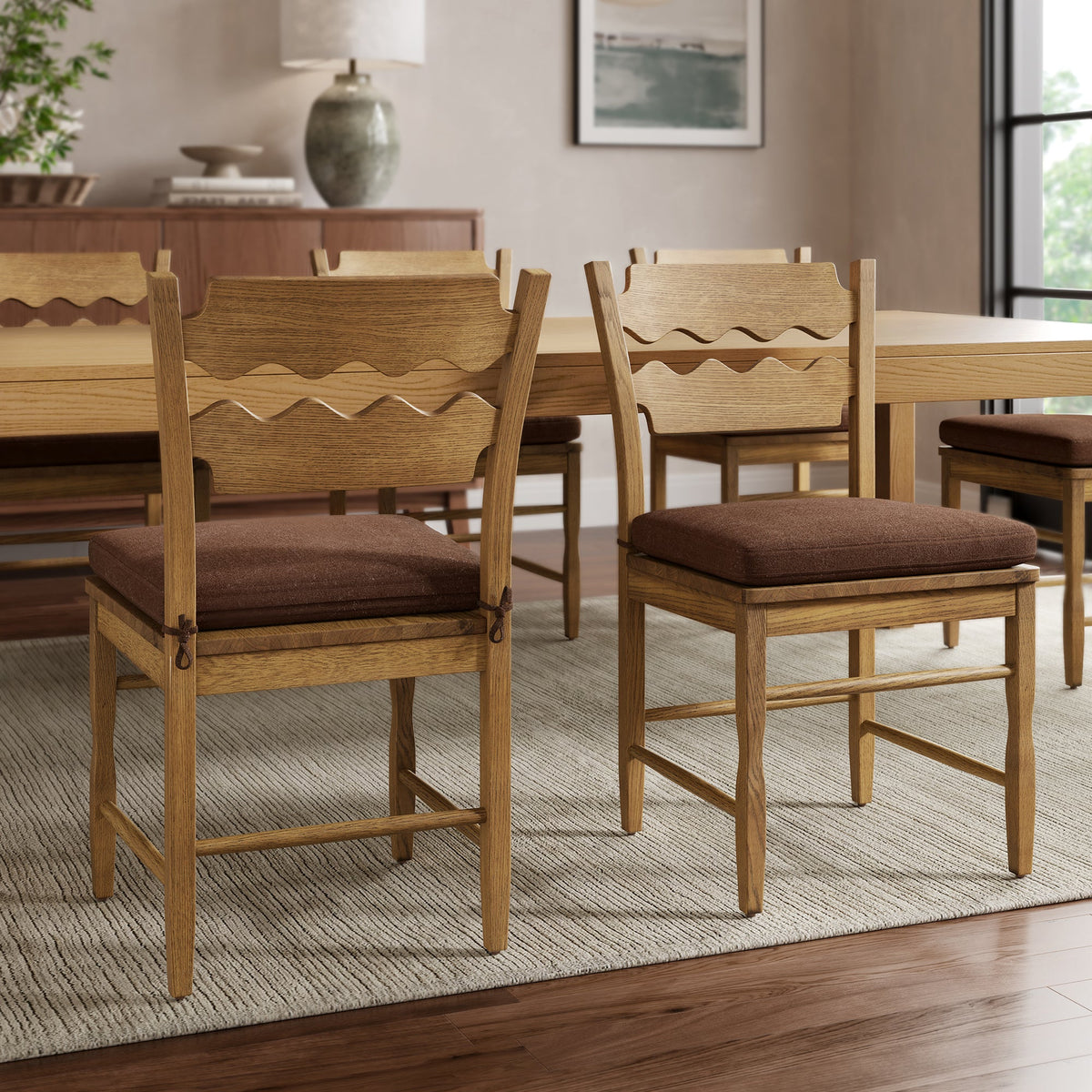 Jax Oak Wood Dining Chair With Wavy Razor Back and Cushion Set of 2