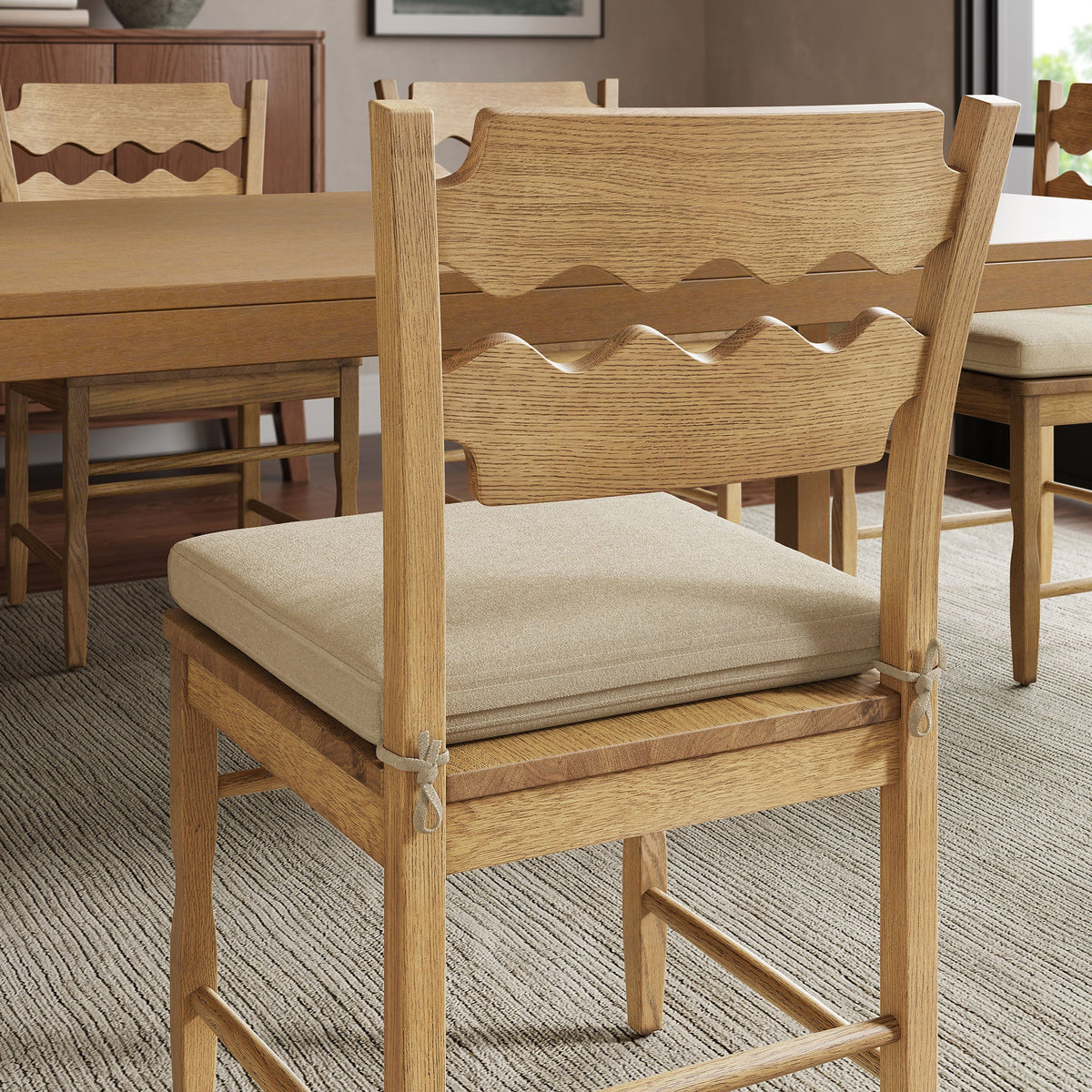 Jax Oak Wood Dining Chair With Wavy Razor Back and Cushion Set of 2