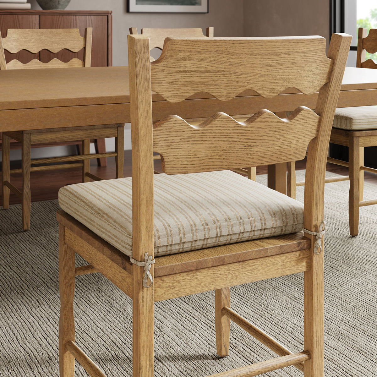 Jax Oak Wood Dining Chair With Wavy Razor Back and Cushion Set of 2