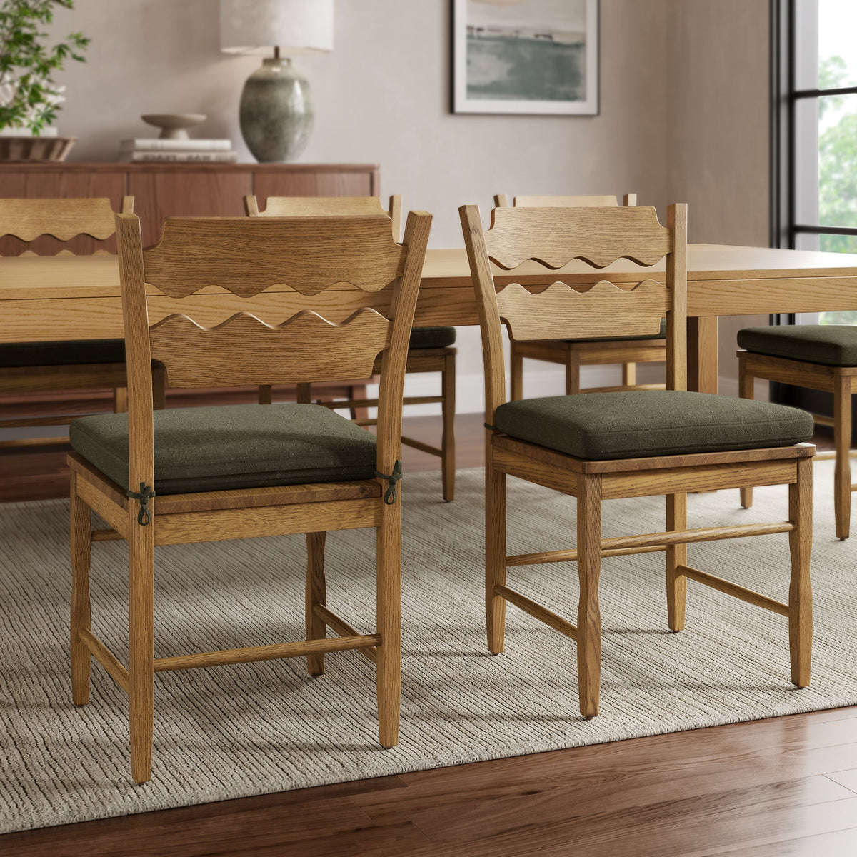 Jax Oak Wood Dining Chair With Wavy Razor Back and Cushion Set of 2