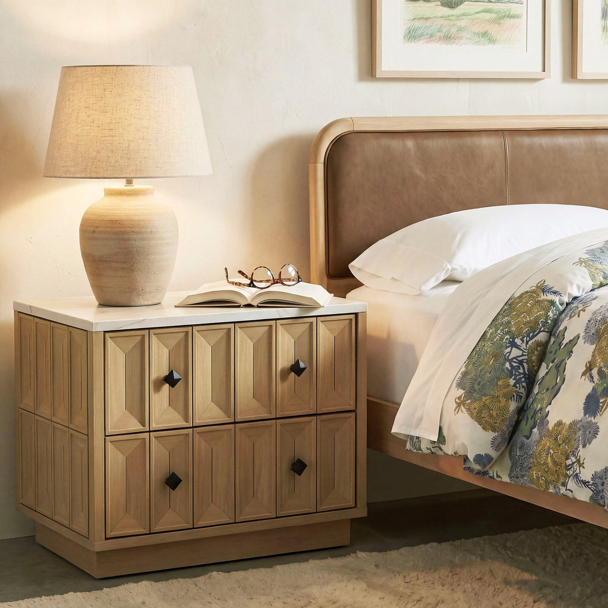 Mabry 23 Inch Geometric Faceted Two Drawer Nightstand