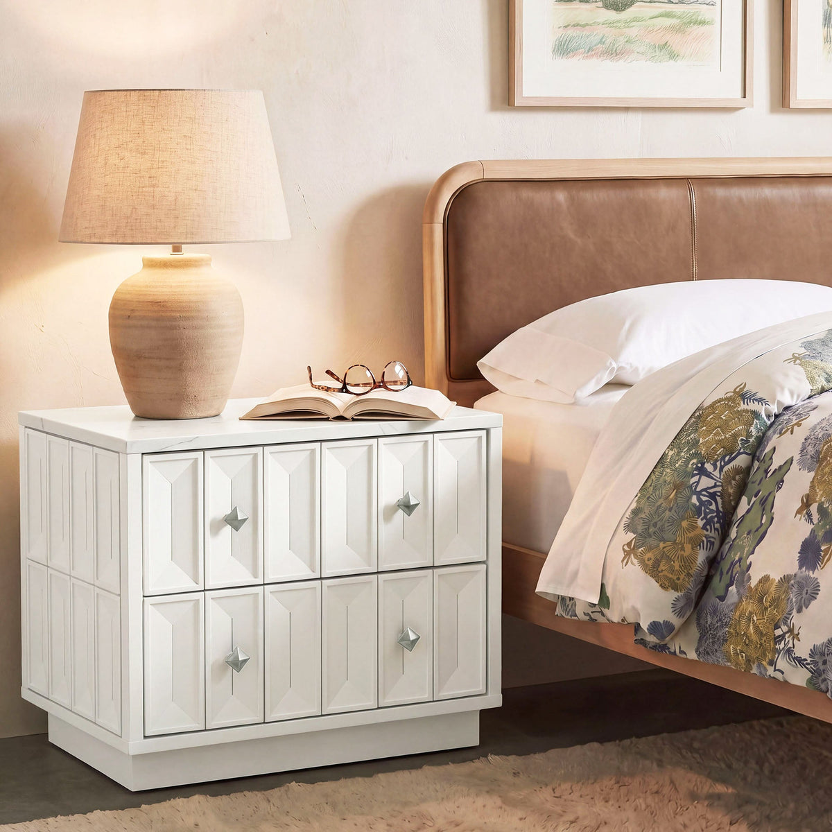 Mabry 23 Inch Geometric Faceted Two Drawer Nightstand