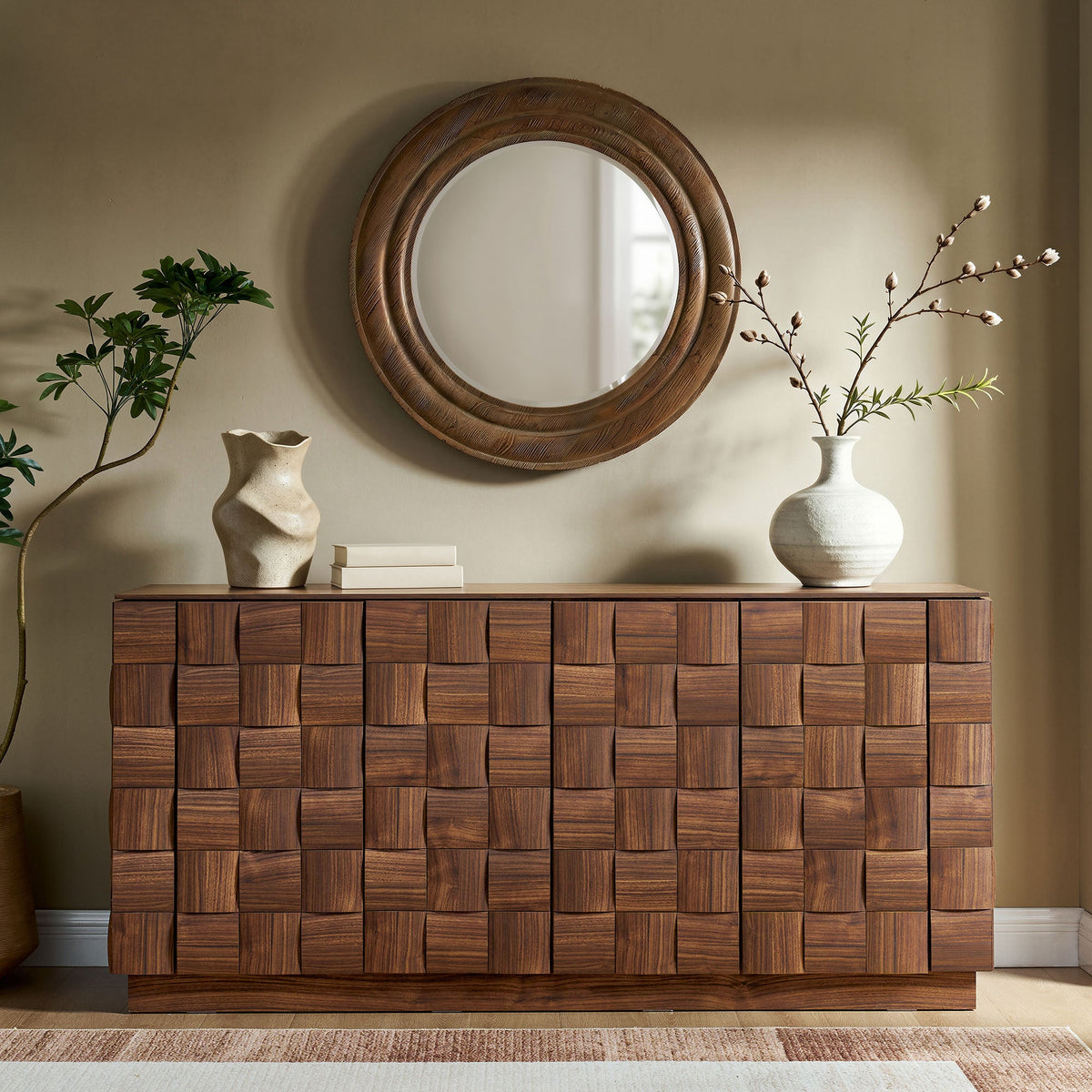 Duskin 68 Inch Geometric Block Design Four Door Sideboard