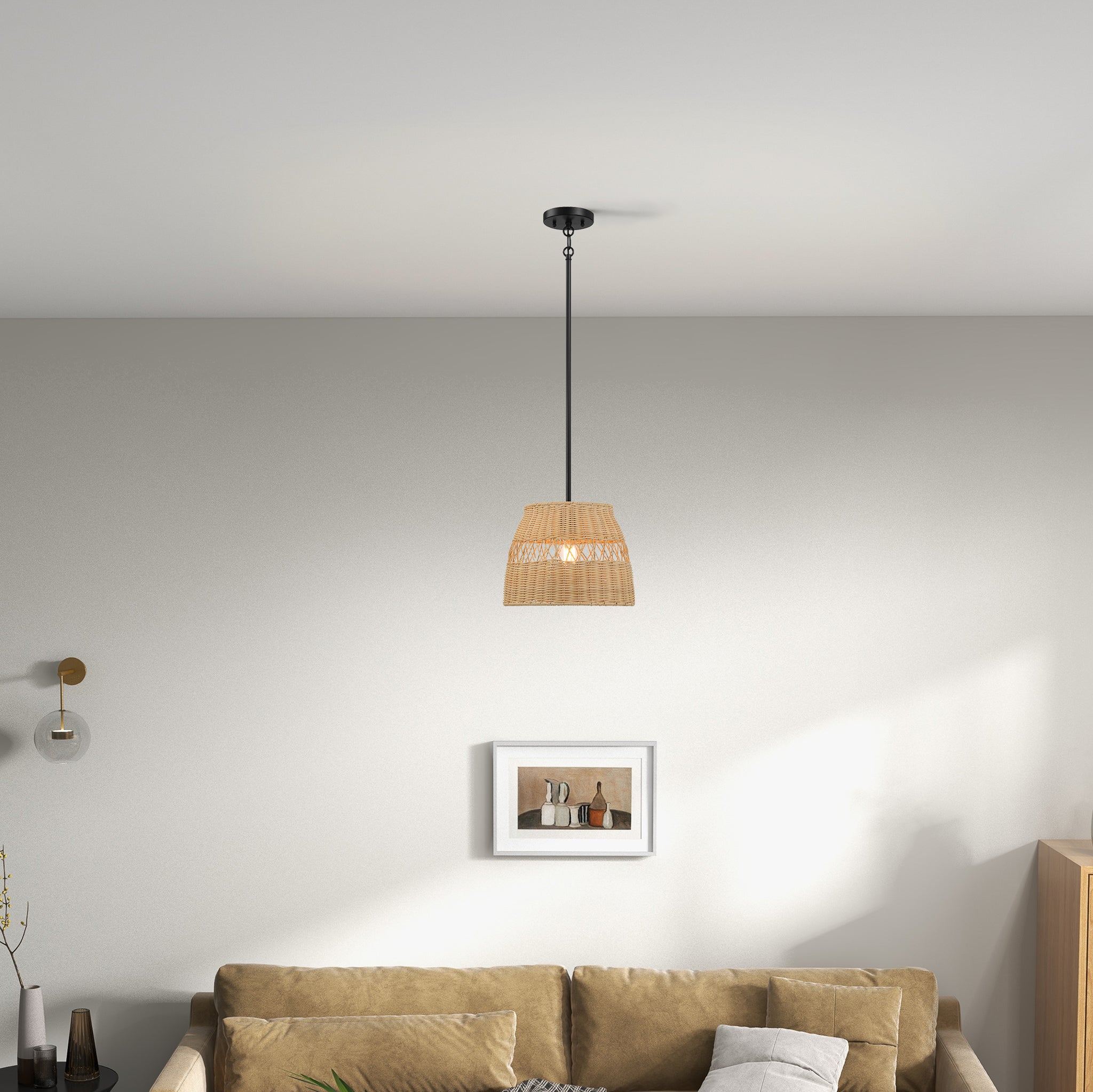 Flora Single Lights Pendant With Rattan Shade Black Metal Finish for Farmhouse Style