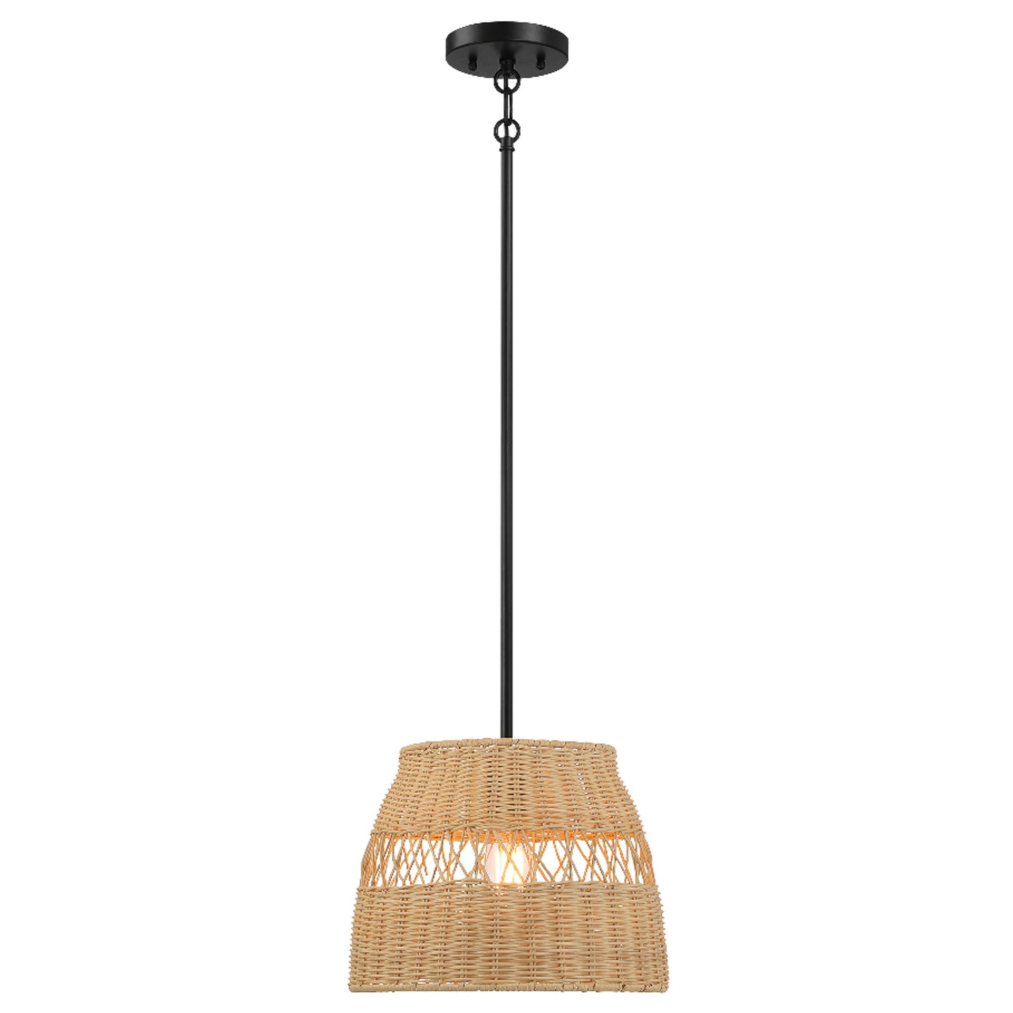 Flora Single Lights Pendant With Rattan Shade Black Metal Finish for Farmhouse Style