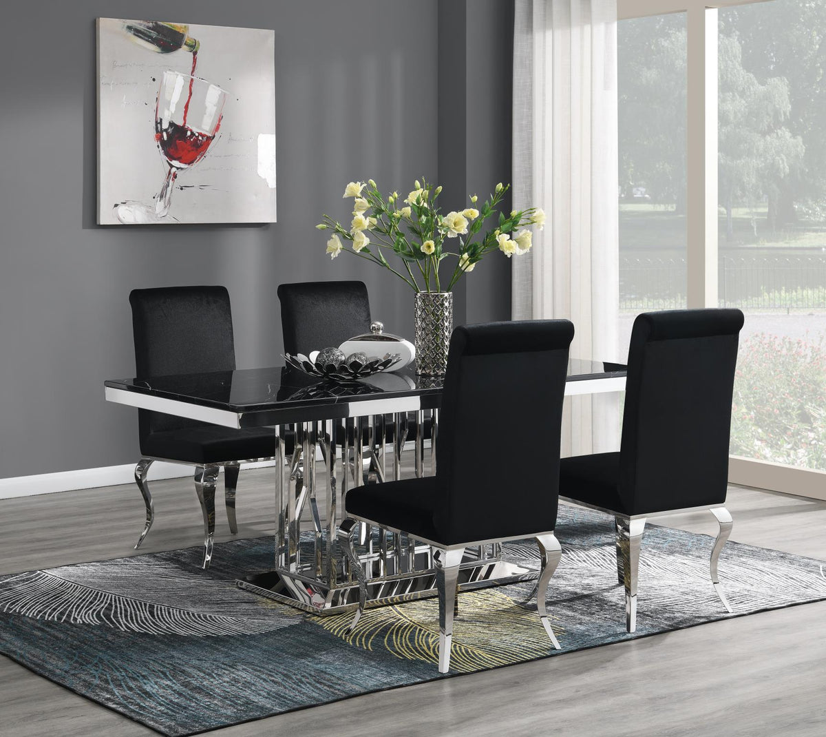 Black Marble Dining Table with Leather or Velvet Chairs