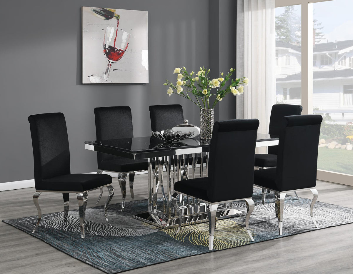 Black Marble Dining Table with Leather or Velvet Chairs
