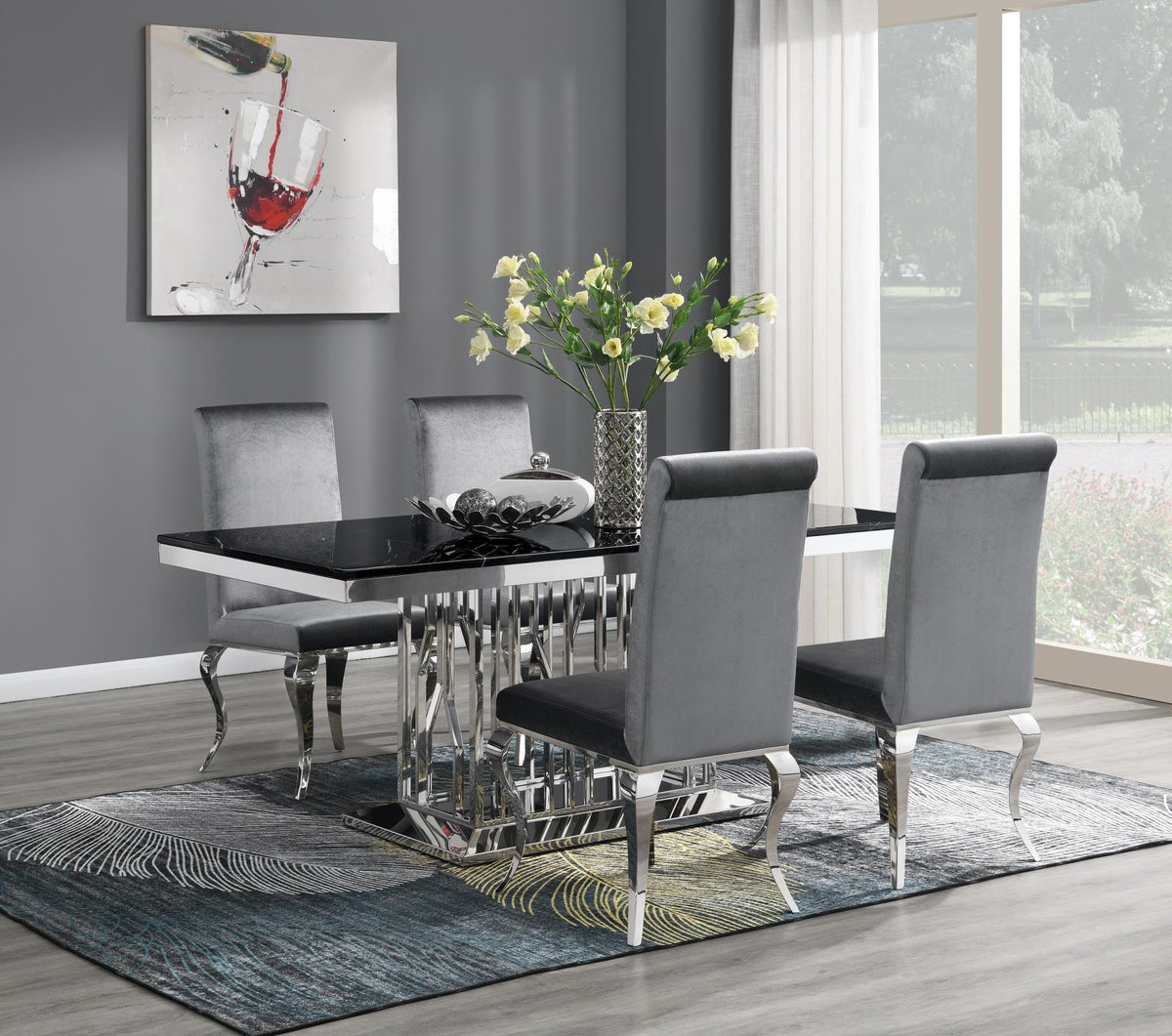 Black Marble Dining Table with Leather or Velvet Chairs
