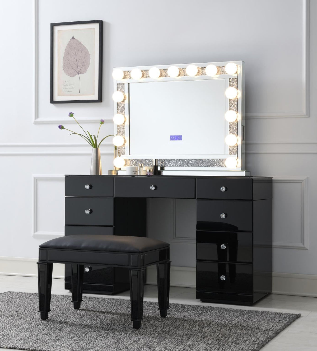 Black Wood Vanity with Stool & LED Mirror Options