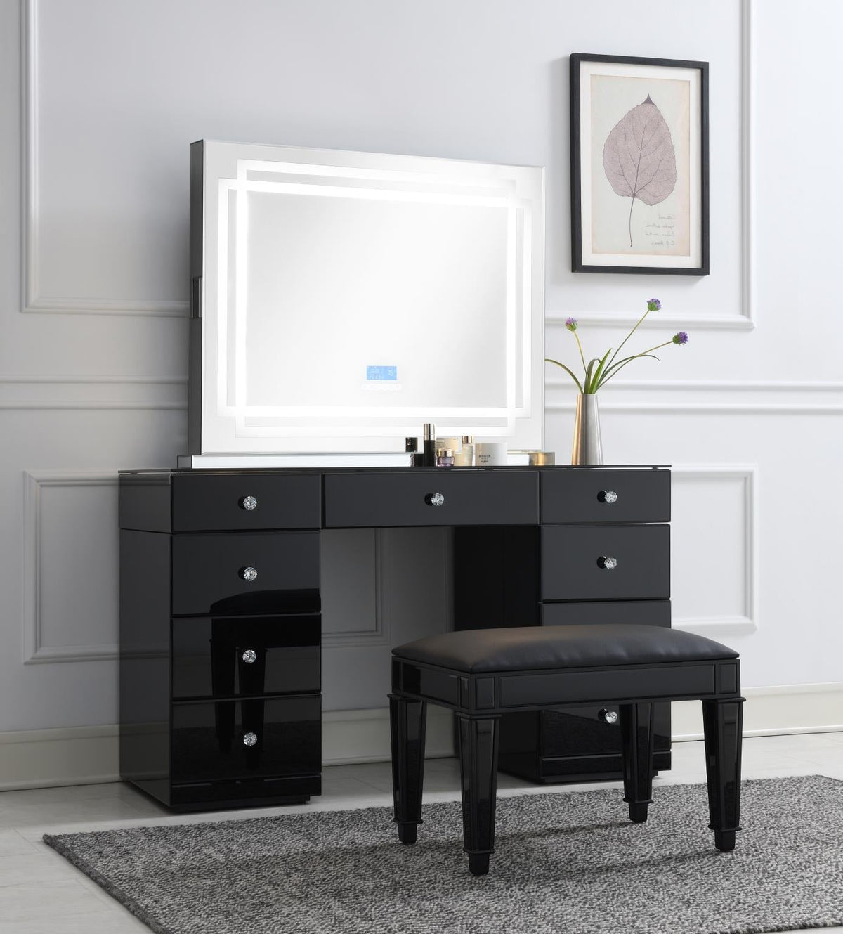 Black Wood Vanity with Stool & LED Mirror Options