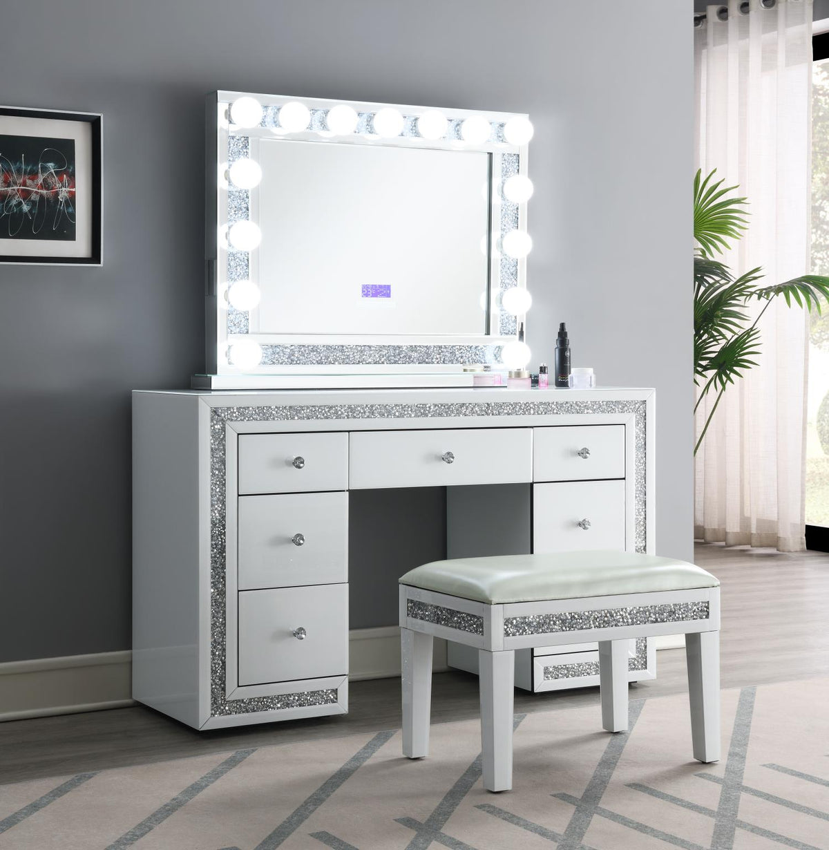 White Wood Vanity Set with Bluetooth Mirror