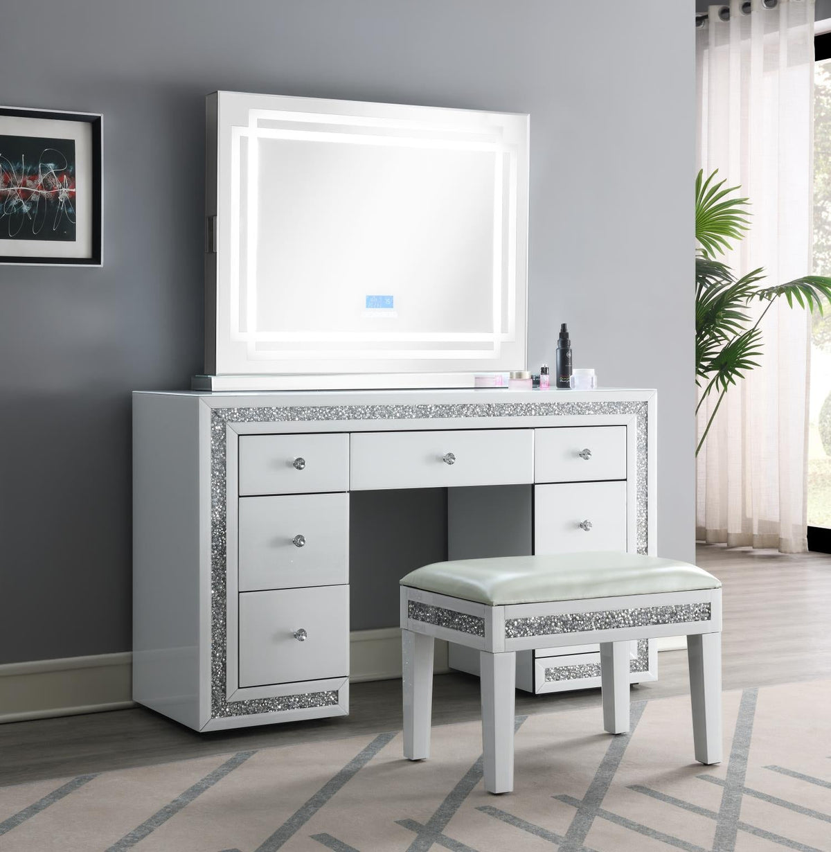 White Wood Vanity Set with Bluetooth Mirror