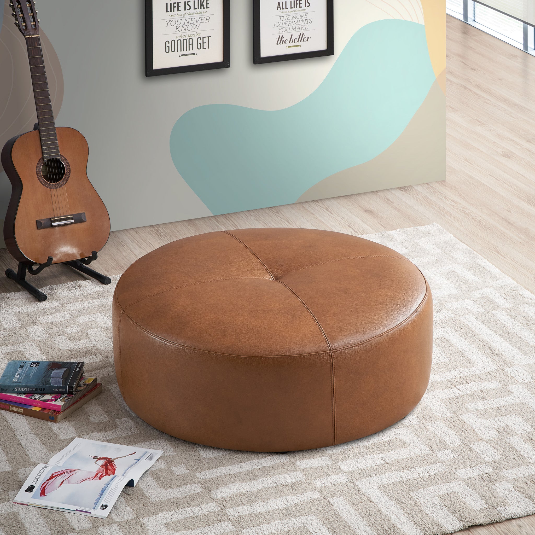 Glam Tan Leather Ottoman – Mid-Century Modern Genuine Leather Accent Stool