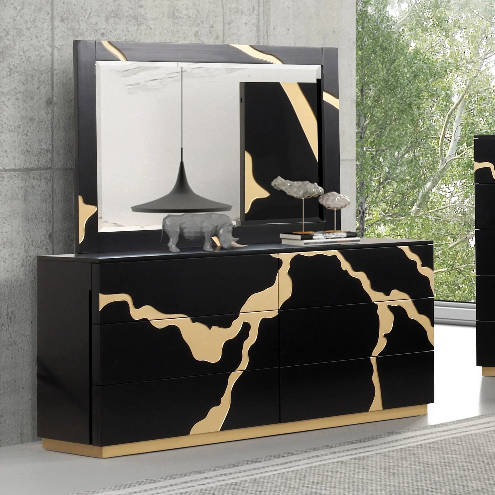 Goldsberg Contemporary Black and Gold Engineered Wood Dresser by Furniture of America