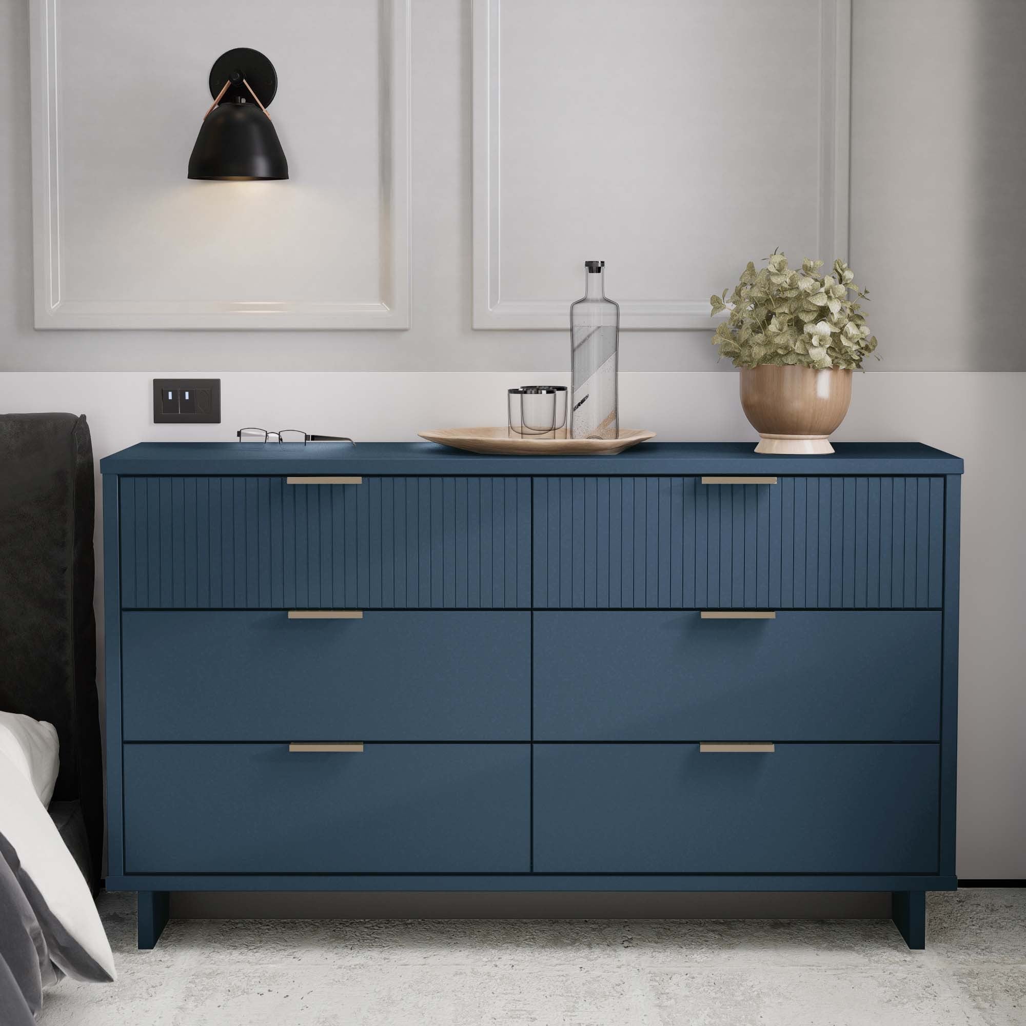 Granville 55" Modern Midnight Blue Double Wide 6 Drawer Dresser