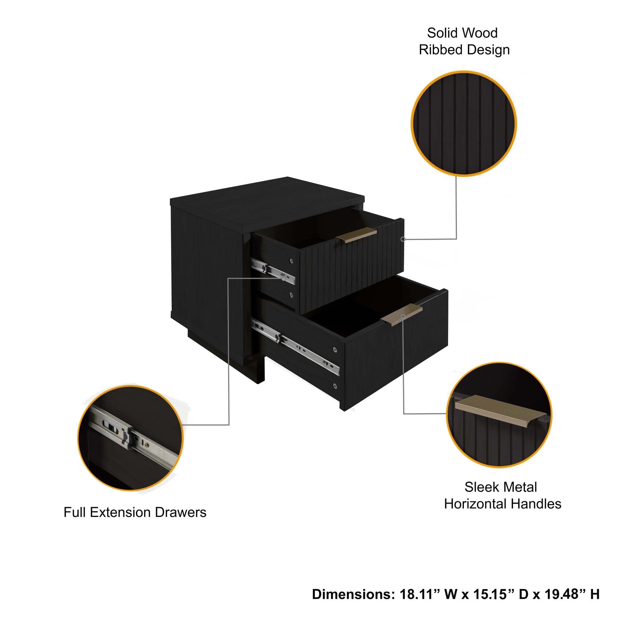 Granville Nightstand 2 Drawers - Black