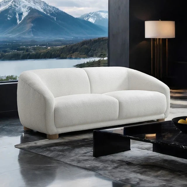 Kolvere Contemporary White Boucle Loveseat with Solid Wood Round Legs