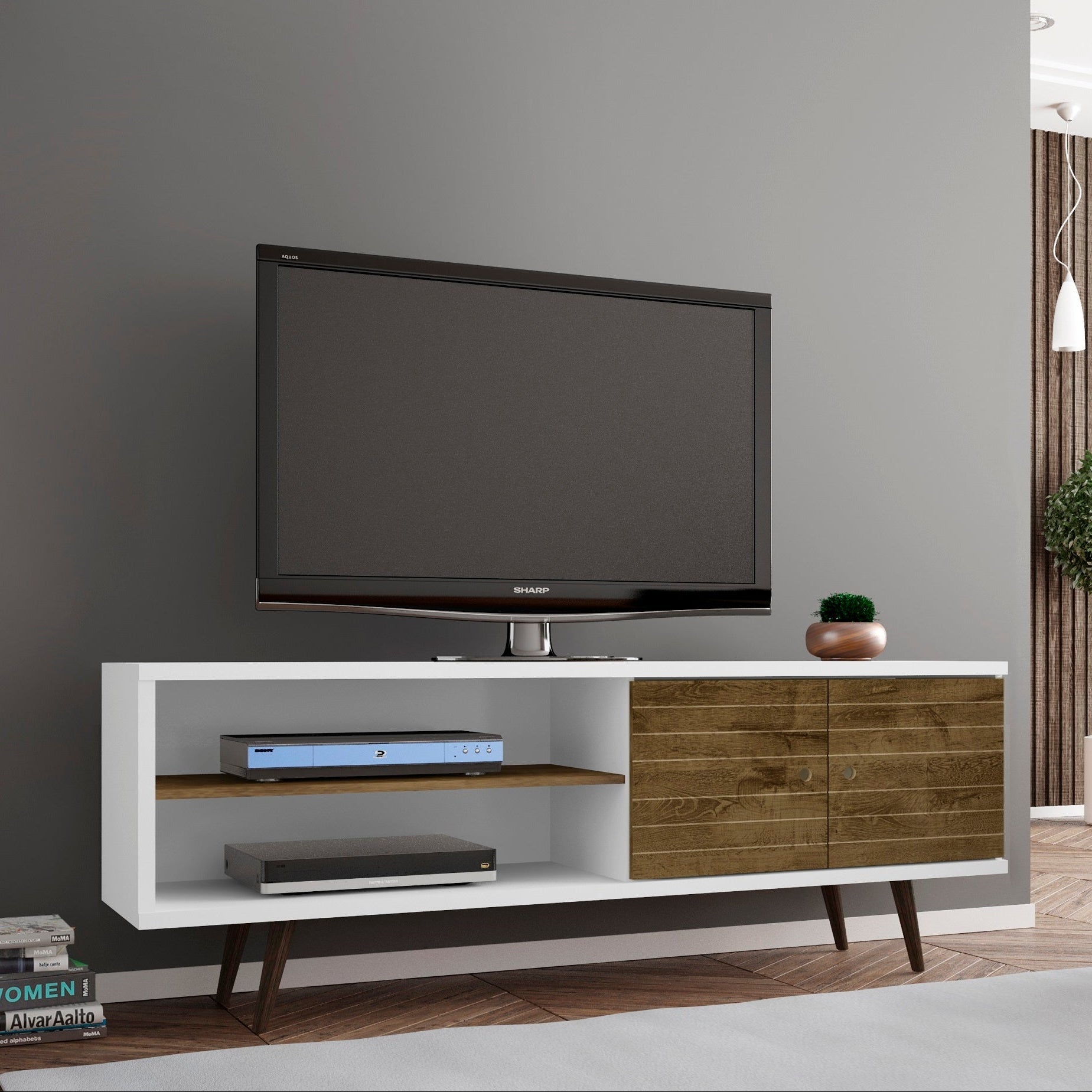 Liberty 63" Mid-Century Modern TV Stand - White & Rustic Brown