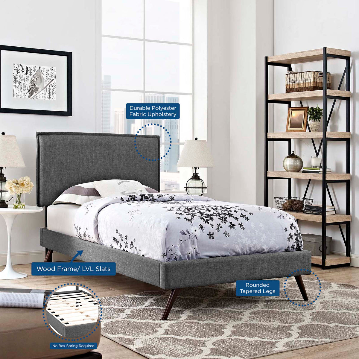 Amaris Fabric Platform Bed with Round Splayed Legs - view 10