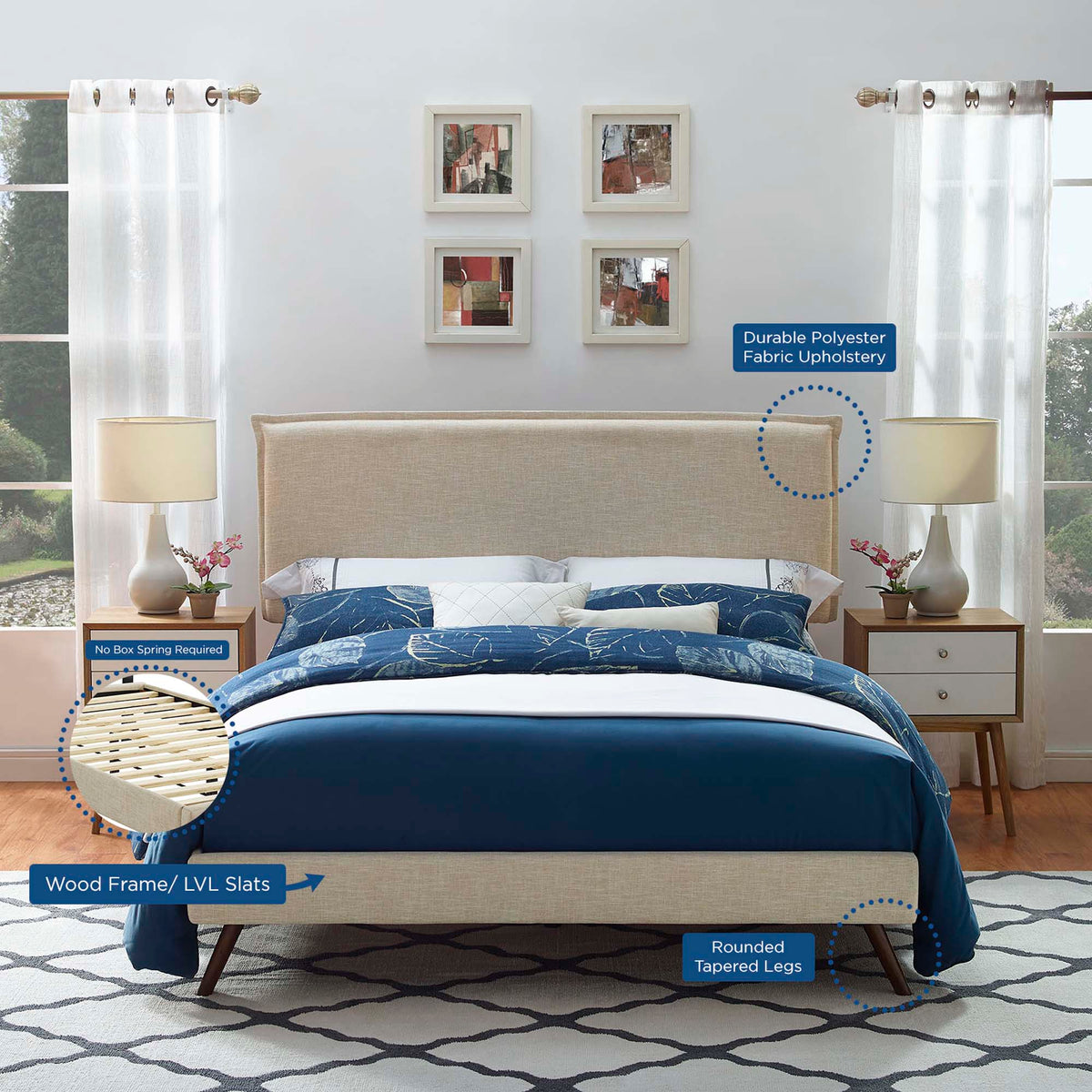 Amaris Fabric Platform Bed with Round Splayed Legs - view 9