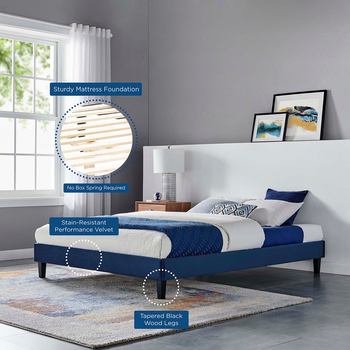 Reign Performance Velvet Platform Bed Frame