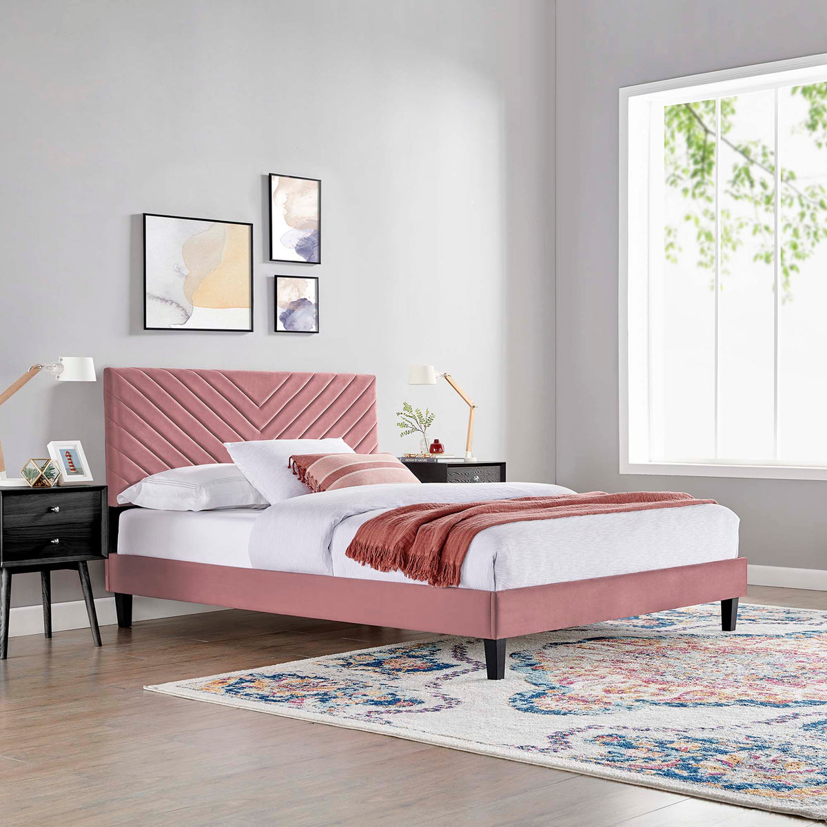 Roxanne Performance Velvet Platform Bed With Black Wood Legs - view 51