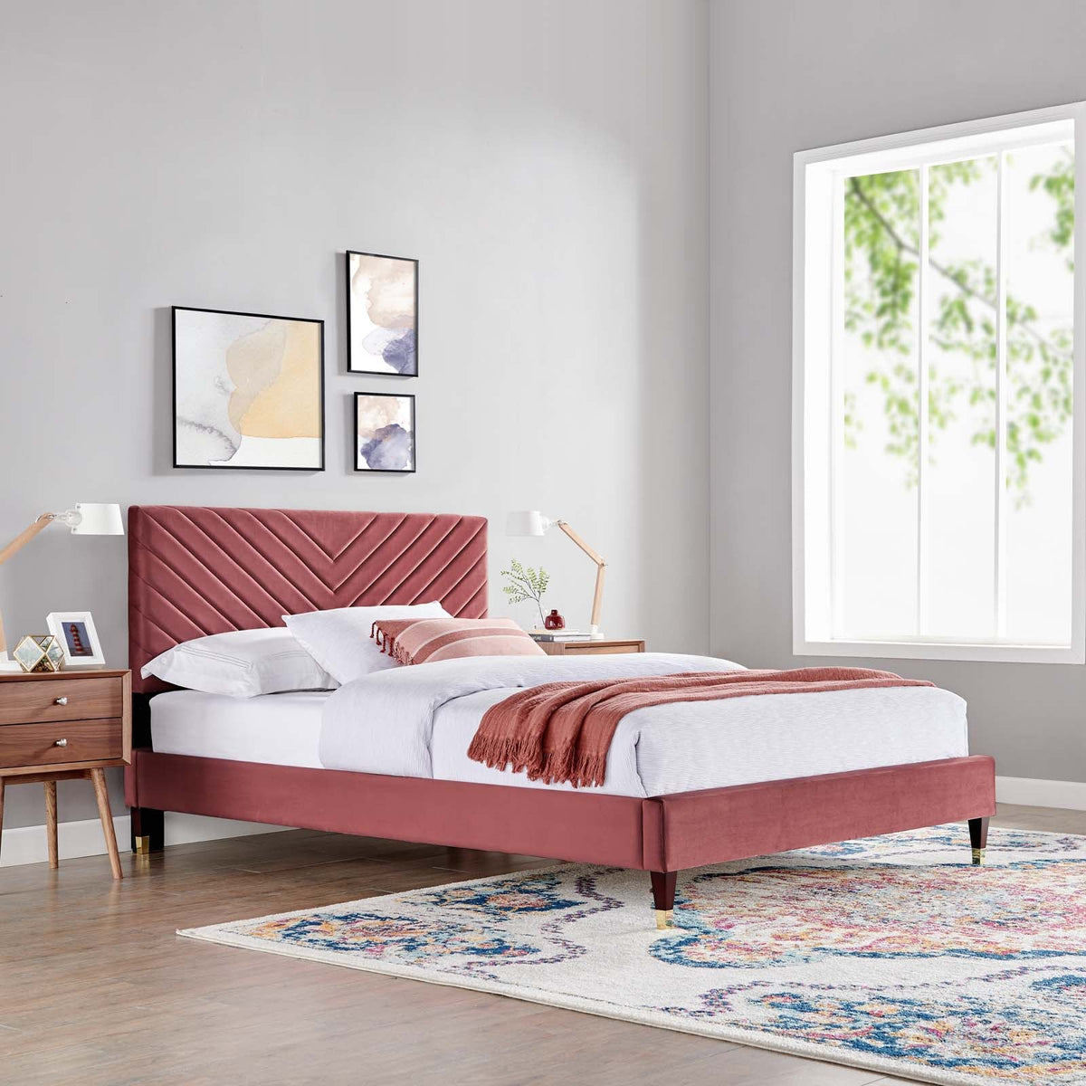 Roxanne Performance Velvet Platform Bed With Wood and Gold Legs - view 9