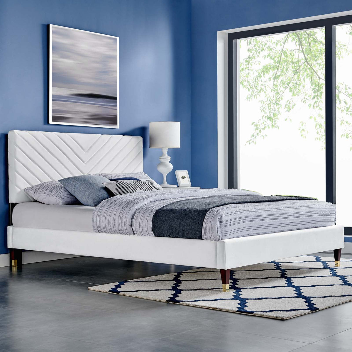 Roxanne Performance Velvet Platform Bed With Wood and Gold Legs - view 11