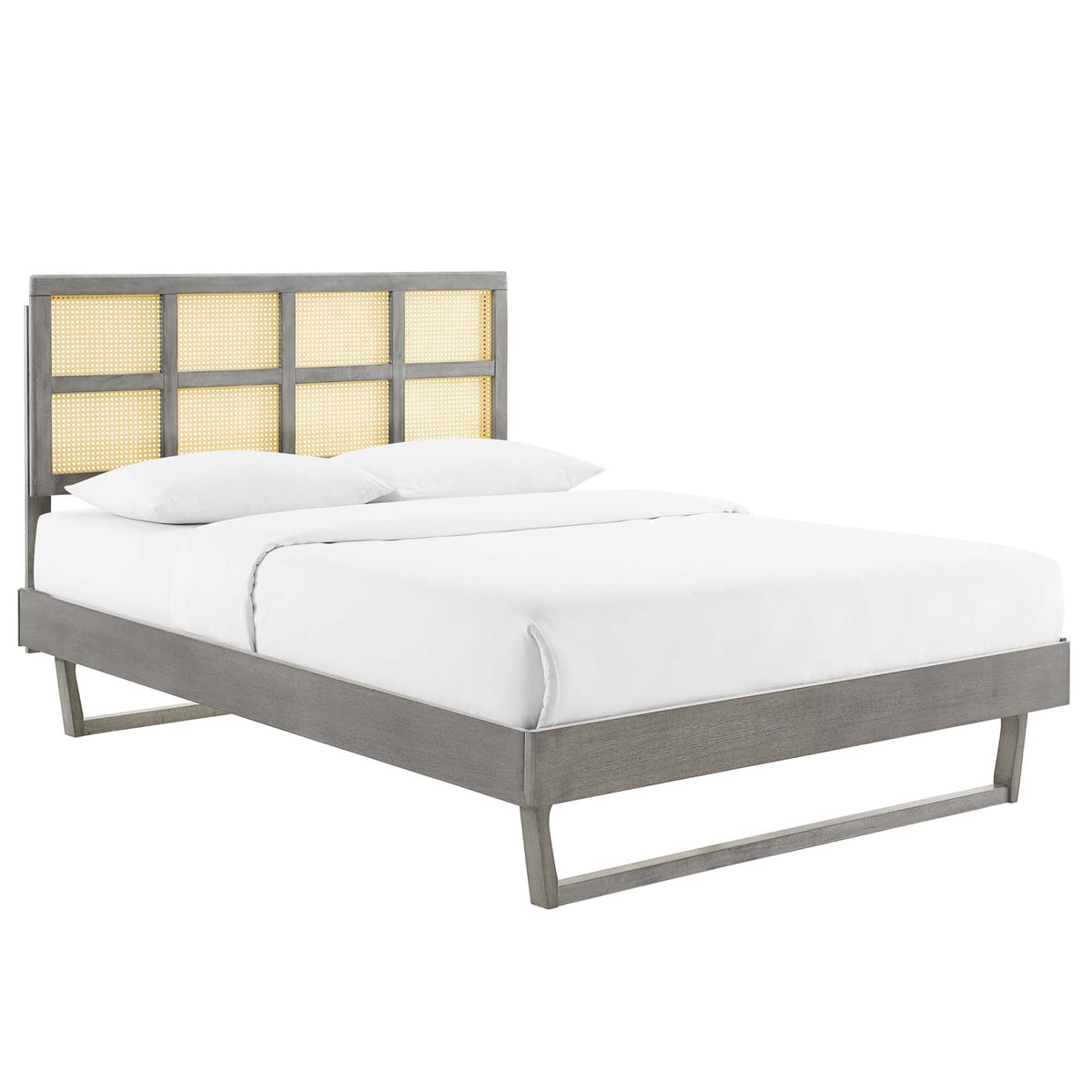 Sidney Cane and Wood Platform Bed With Angular Legs, Queen, Gray - view 1