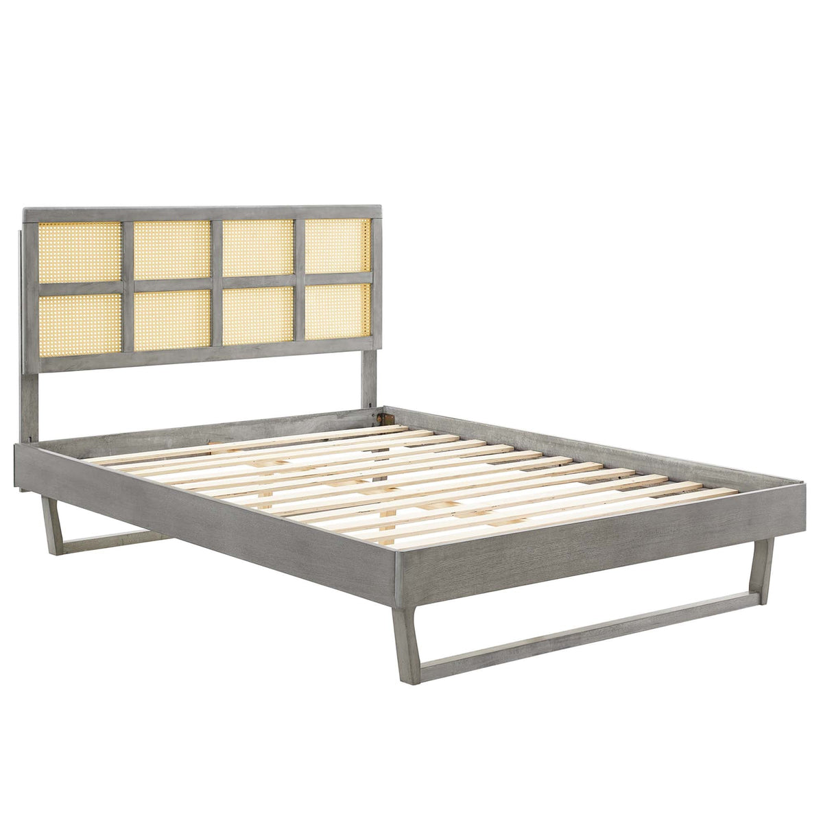 Sidney Cane and Wood Platform Bed With Angular Legs, Queen, Gray - view 2