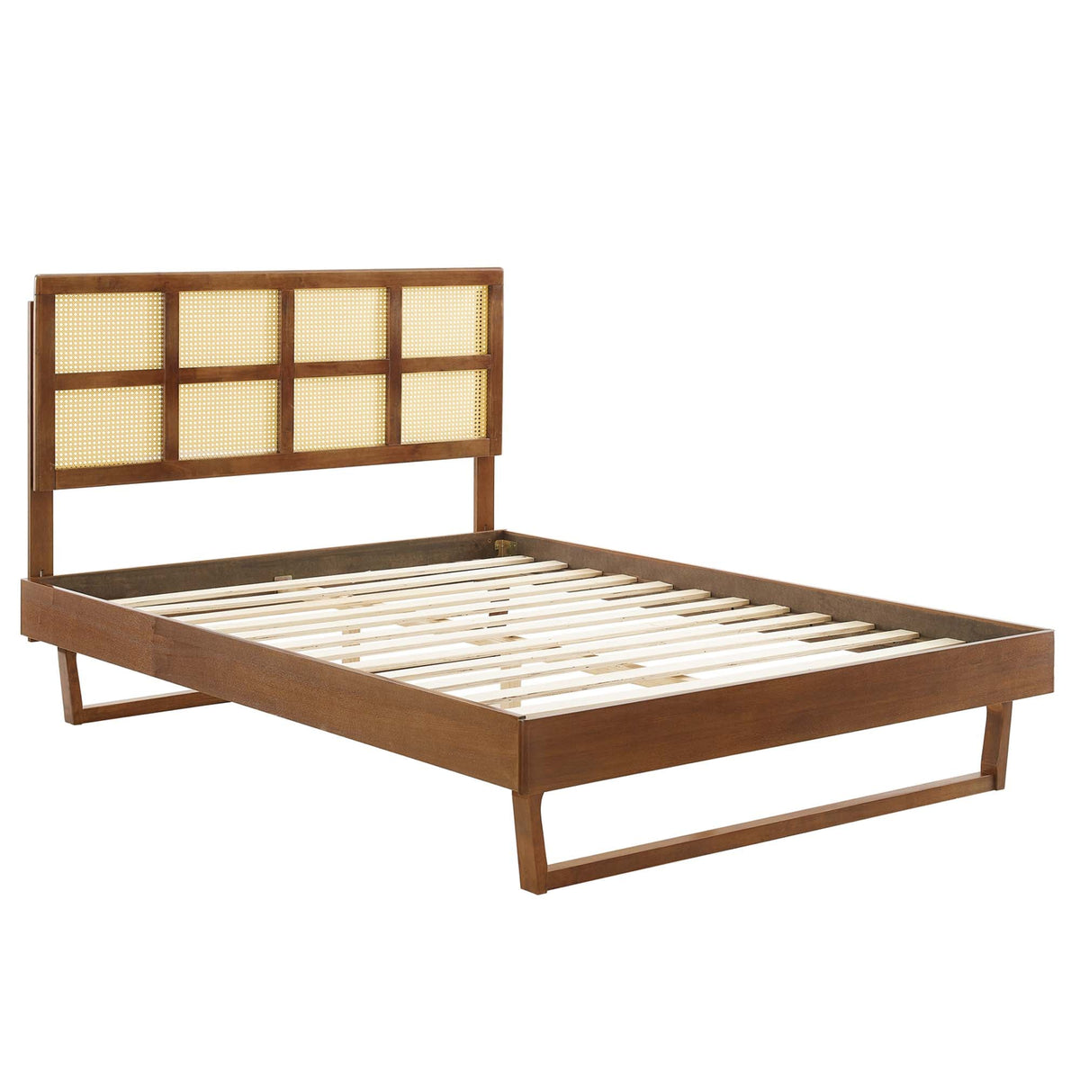 Sidney Cane and Wood Platform Bed With Angular Legs, Full, Walnut - view 2