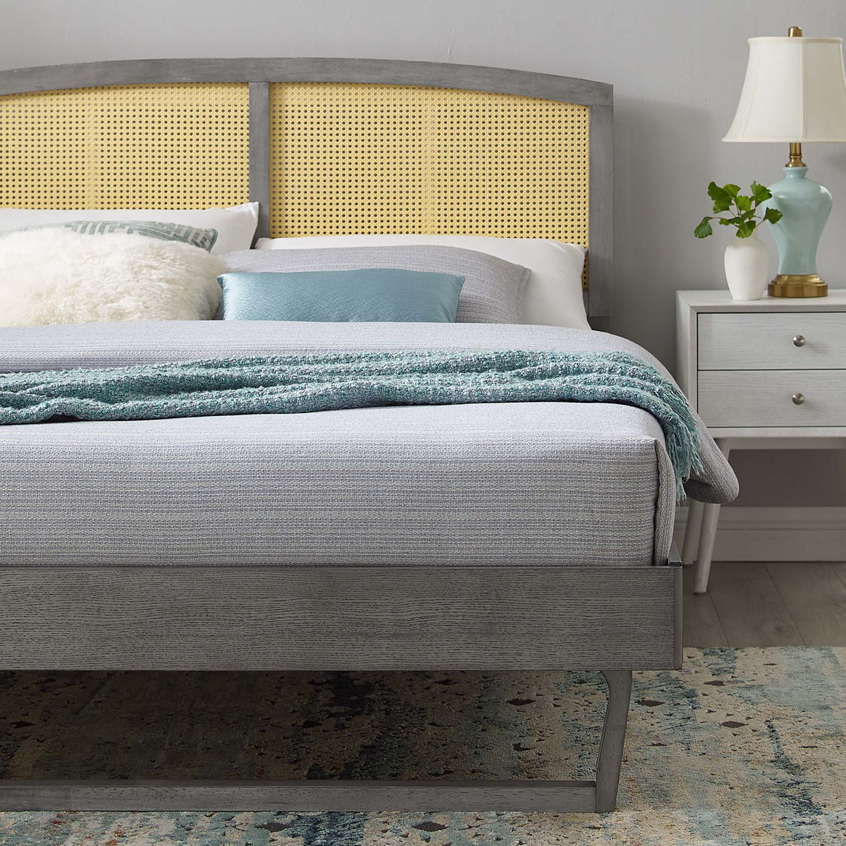 Sierra Cane and Wood Platform Bed With Angular Legs