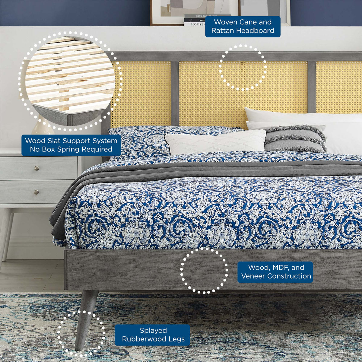 Kelsea Cane and Wood Platform Bed With Splayed Legs