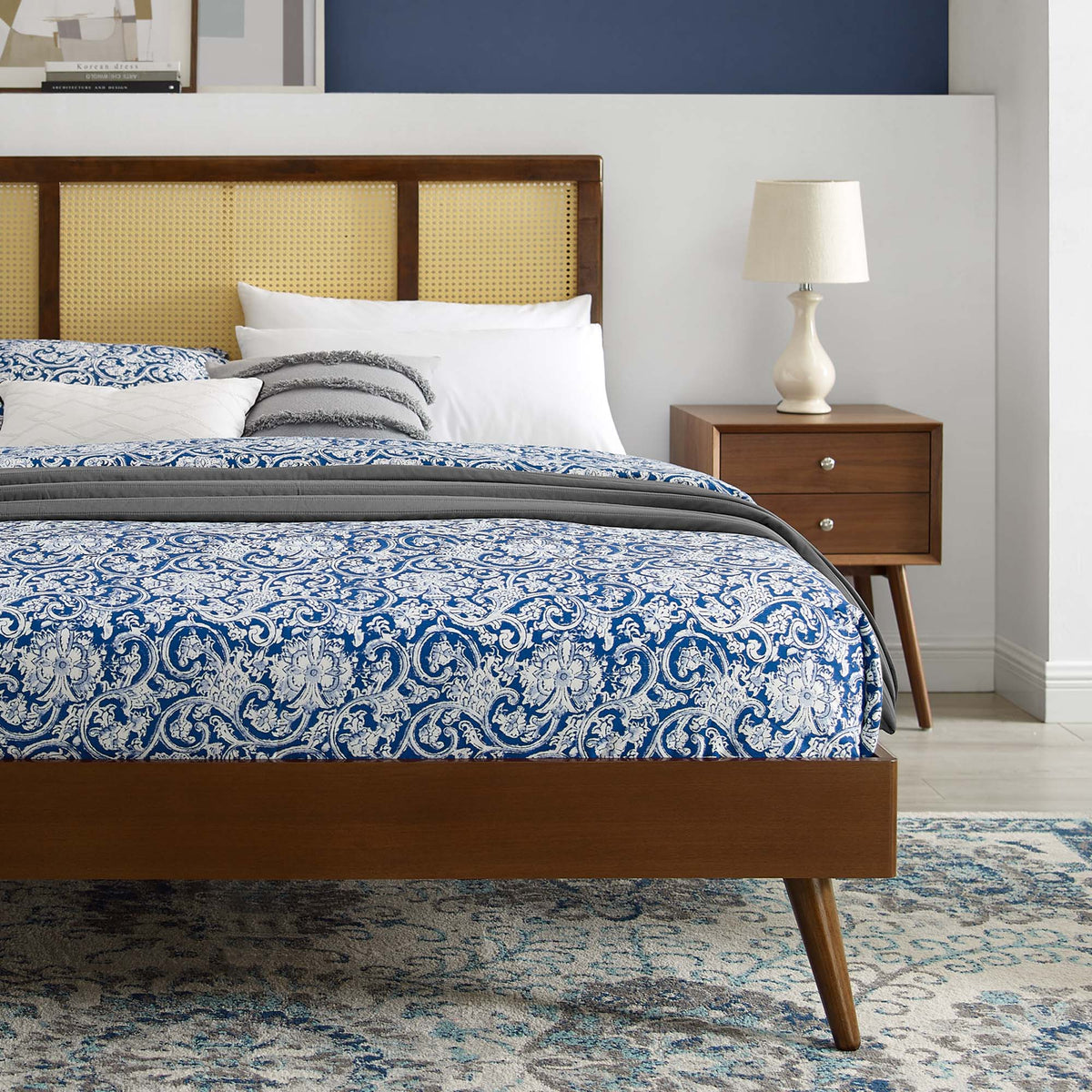 Kelsea Cane and Wood Platform Bed With Splayed Legs
