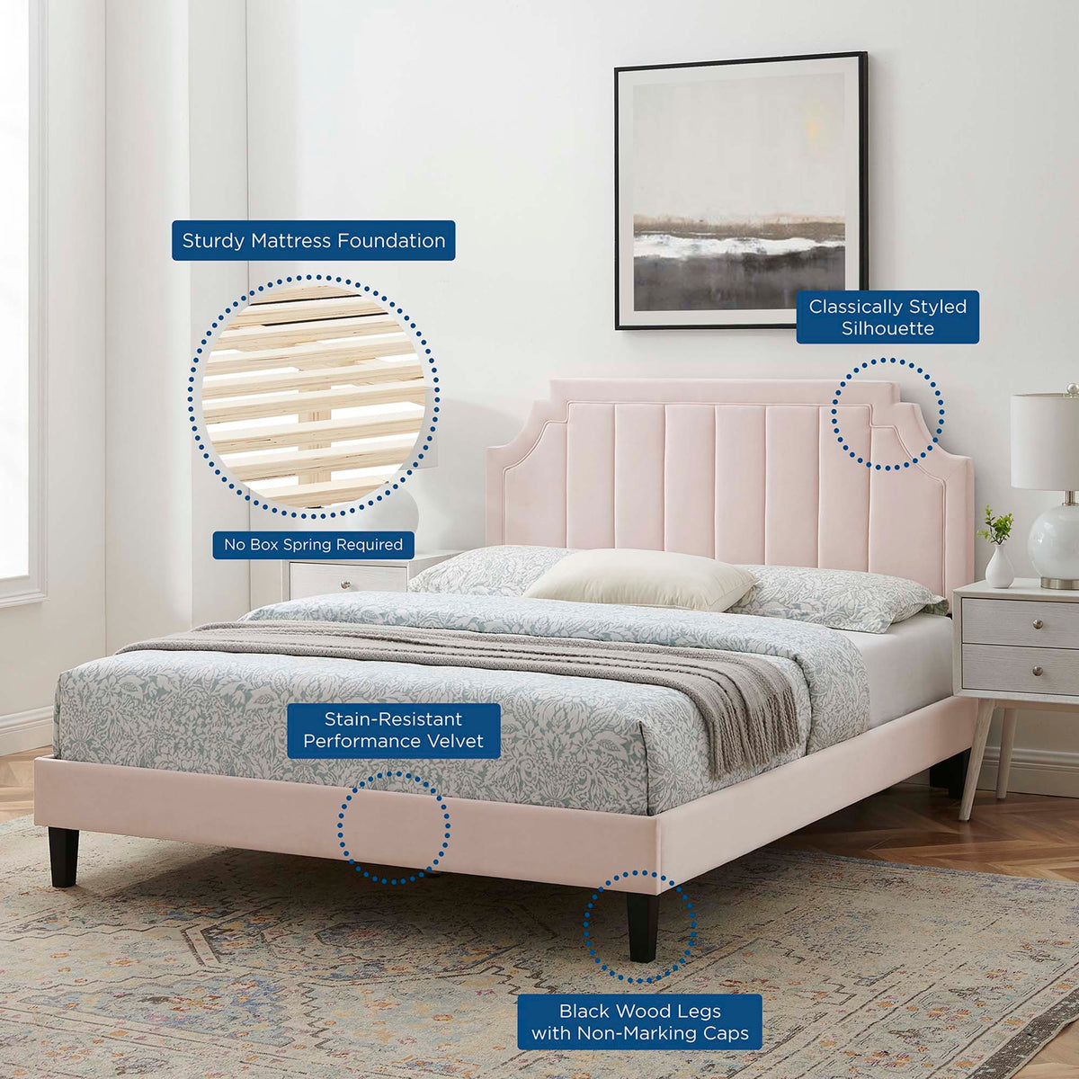Sienna Performance Velvet Platform Bed With Black Wood Legs - view 46