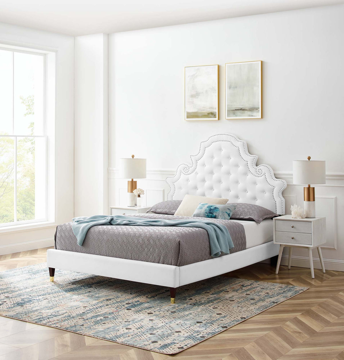 Gwyneth Tufted Performance Velvet Platform Bed With Wood and Gold Legs - view 13