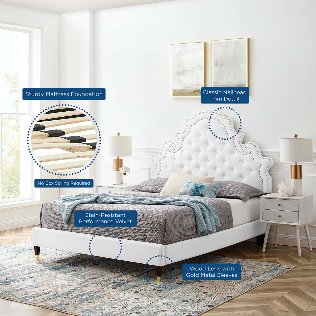 Gwyneth Tufted Performance Velvet Platform Bed With Wood and Gold Legs - view 11