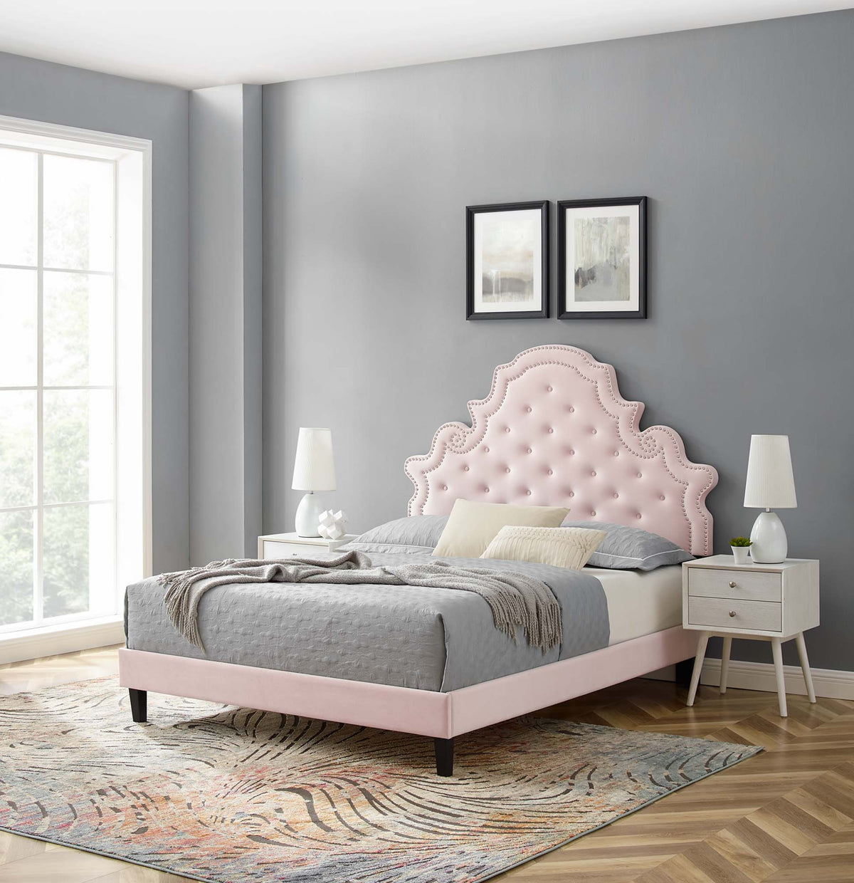 Gwyneth Tufted Performance Velvet Platform Bed With Black Wood Legs