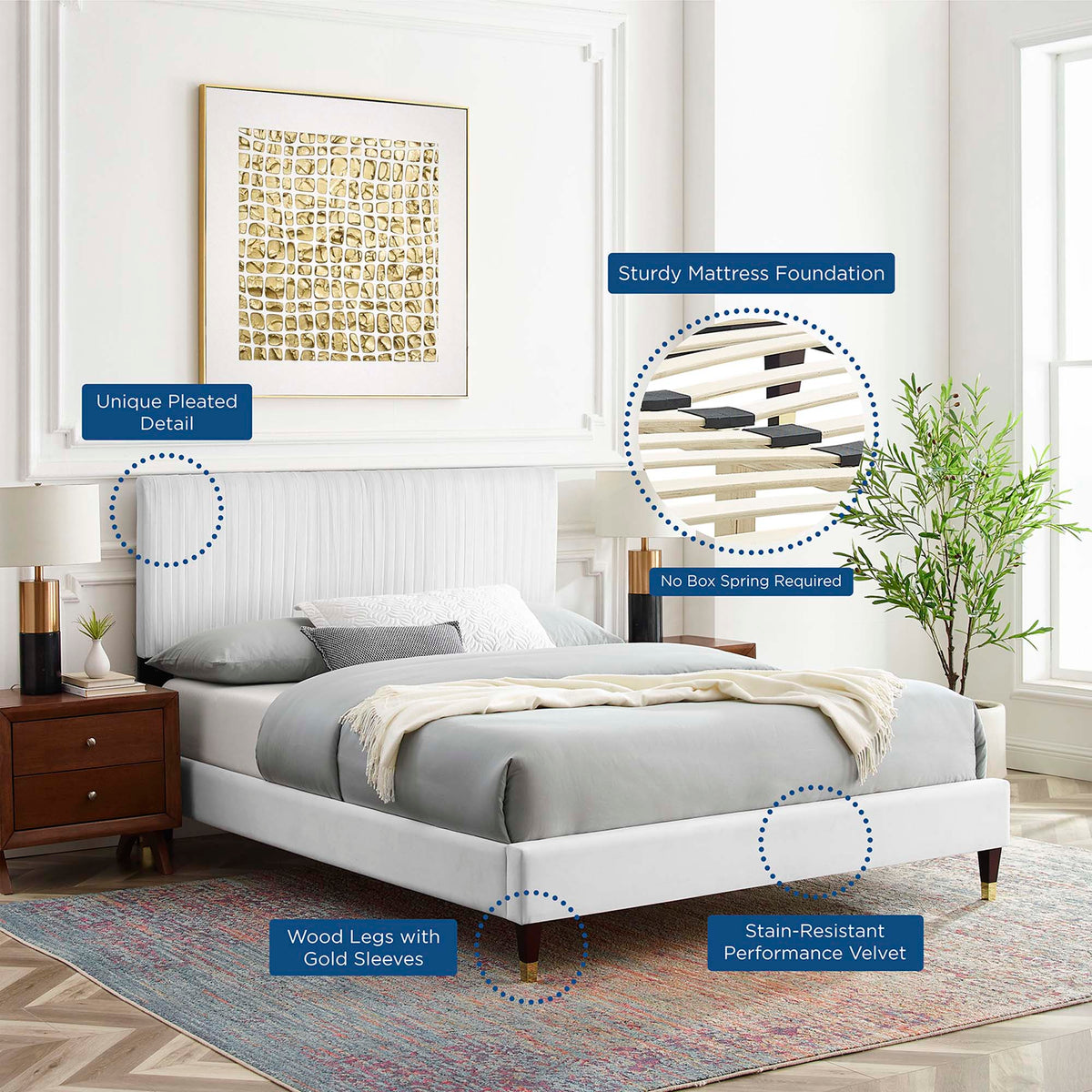 Peyton Performance Velvet Platform Bed With Wood and Gold Legs